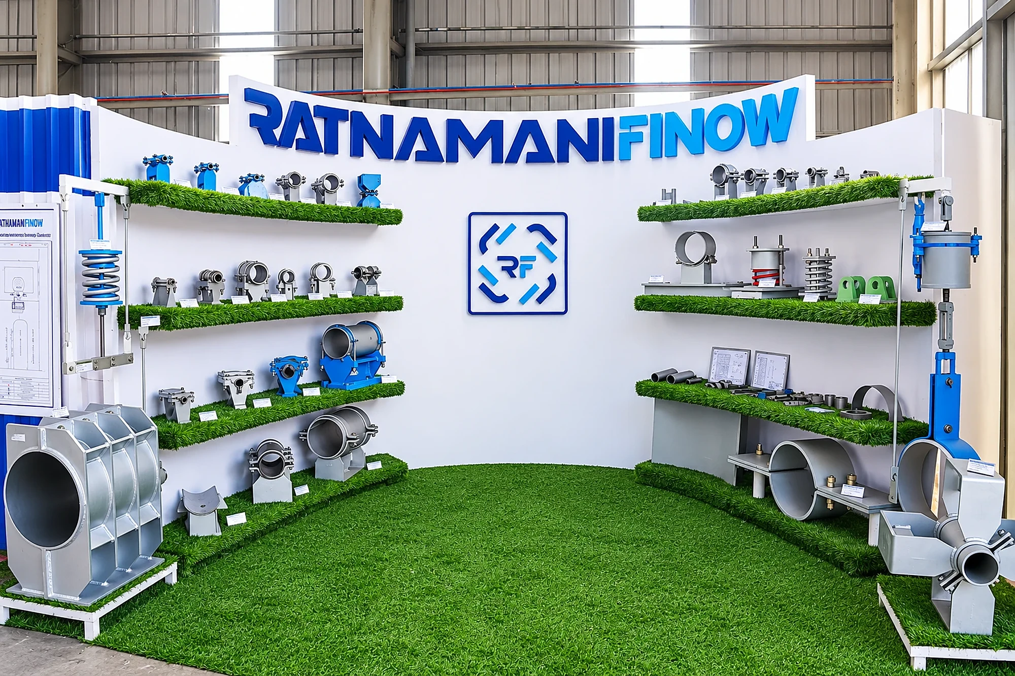 RFSS display of pipe hangers and supports: spring hangers, guide, rest and shoe supports and pipe clamps on shelves