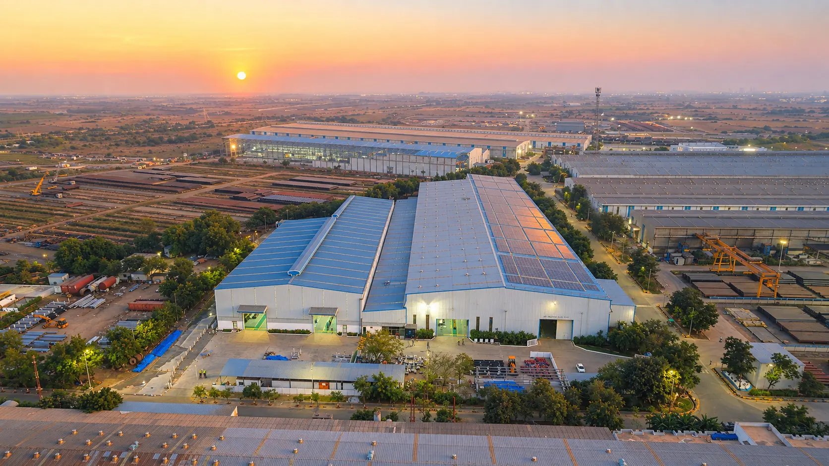 Aerial view of the RFSS manufacturing facility at Anjar, Kutch, at sunset