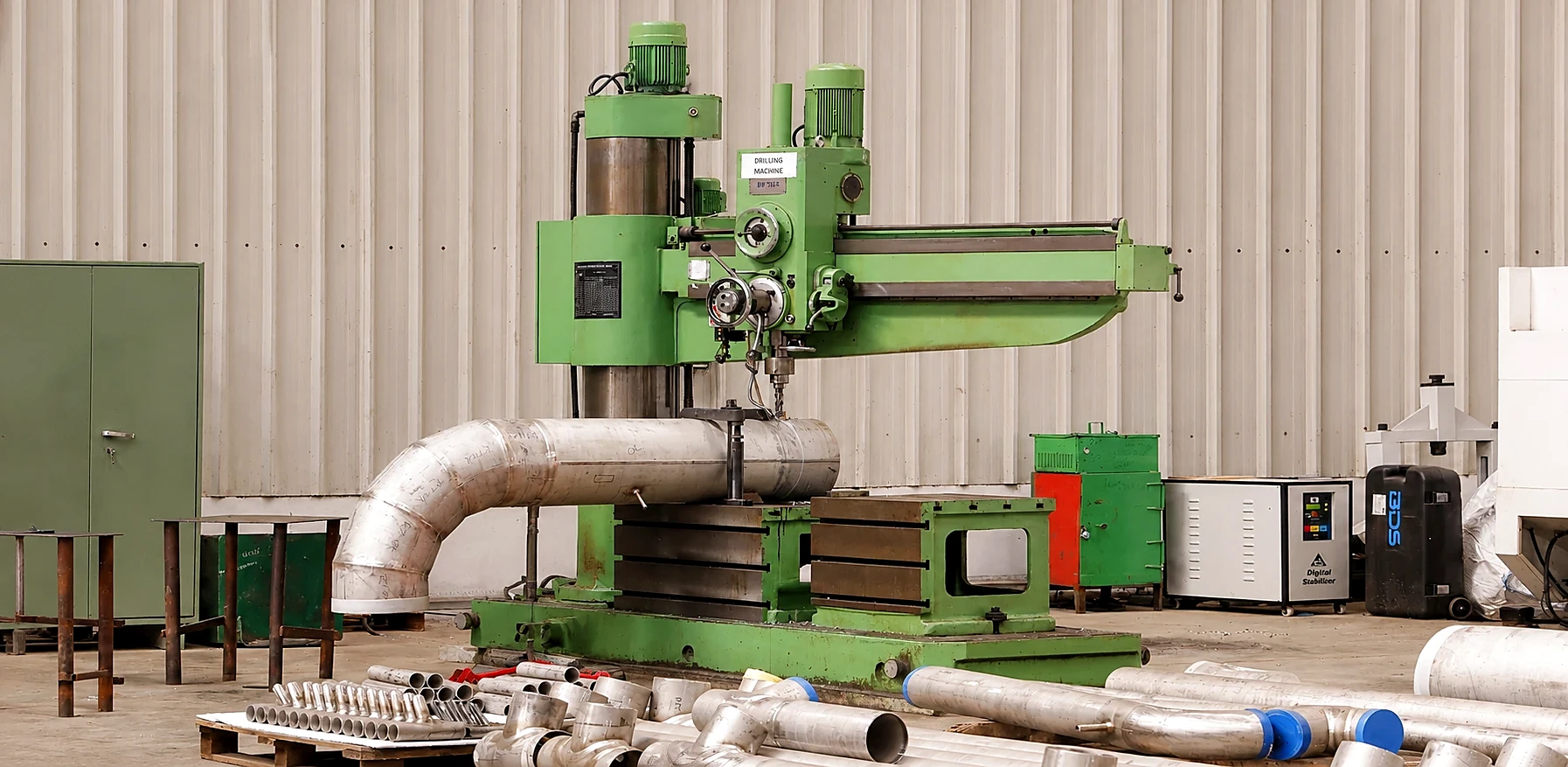 Stainless steel pipe spool set up on a radial drilling machine at RFSS, with finished spools and fittings in front